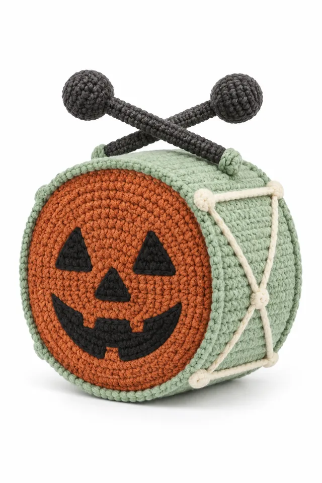 AI concept of a mint green crochet pumpkin drum decoration for Halloween.