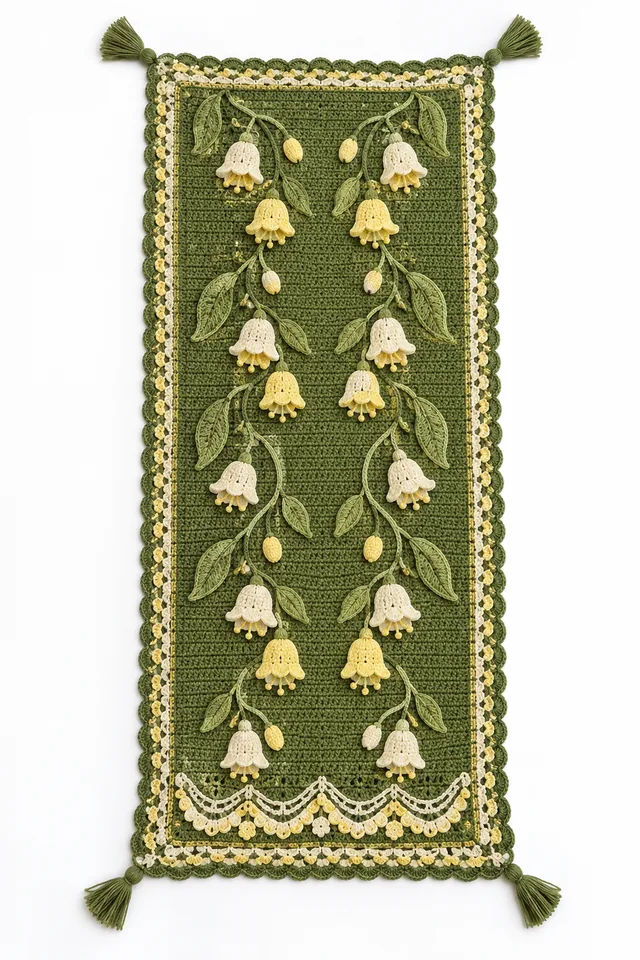 AI concept of a moss green rectangular crochet bed runner with bellflower lace bands.