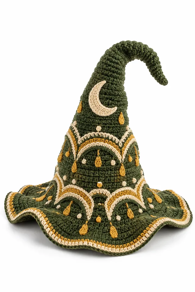 AI concept of a moss green soft crochet witch hat decoration with a gently bent cone.