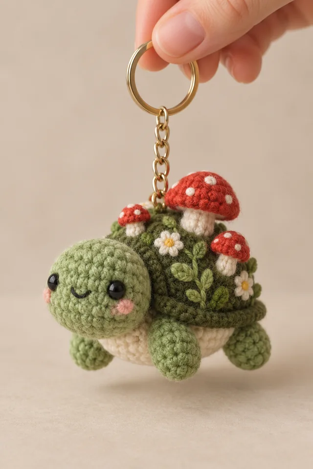 AI concept of a small green crochet-look turtle keychain whose shell is planted with red toadstools, white flowers and leafy vines.