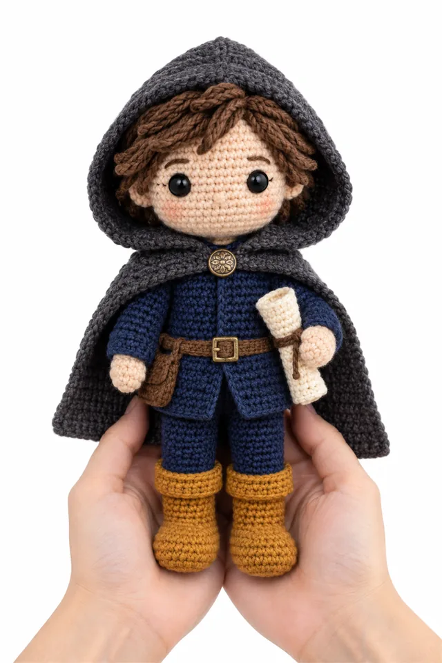 AI concept of a navy blue crochet raven messenger doll holding a tiny letter for Halloween.