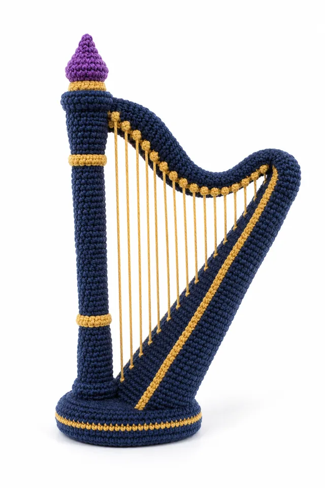 AI concept of a navy blue crochet witch harp decoration with a pointed hat crown.