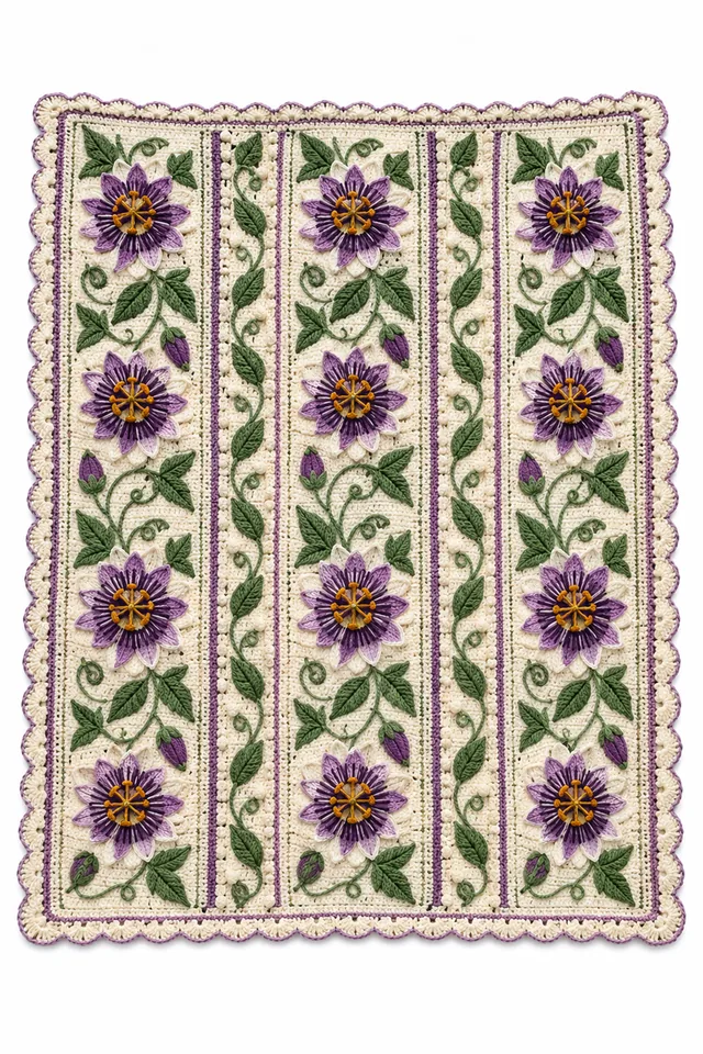 AI concept of a crochet throw with vertical ribbon stripes inspired by passionflower wheels.