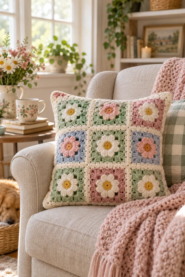 AI concept of a square crochet-look pillow made of pastel granny squares in pink, blue, green and yellow with flower centers, on a cream sofa.