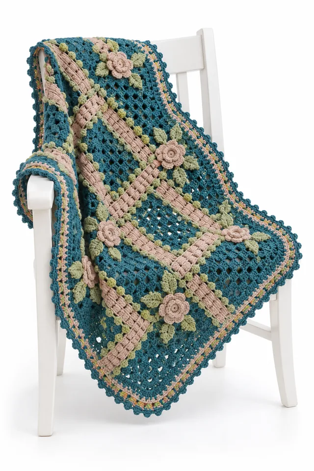 AI concept of a peacock teal square crochet baby blanket with angular basket ribbons.