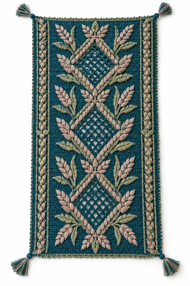 AI concept of a peacock teal crochet bed runner with braided wheat diamonds.