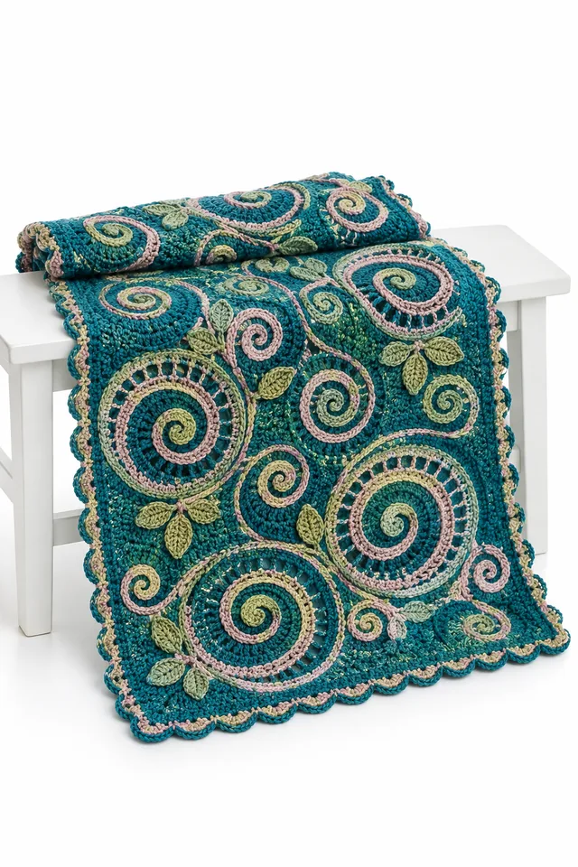 AI concept of a peacock teal crochet lap blanket with citrus peel spirals.
