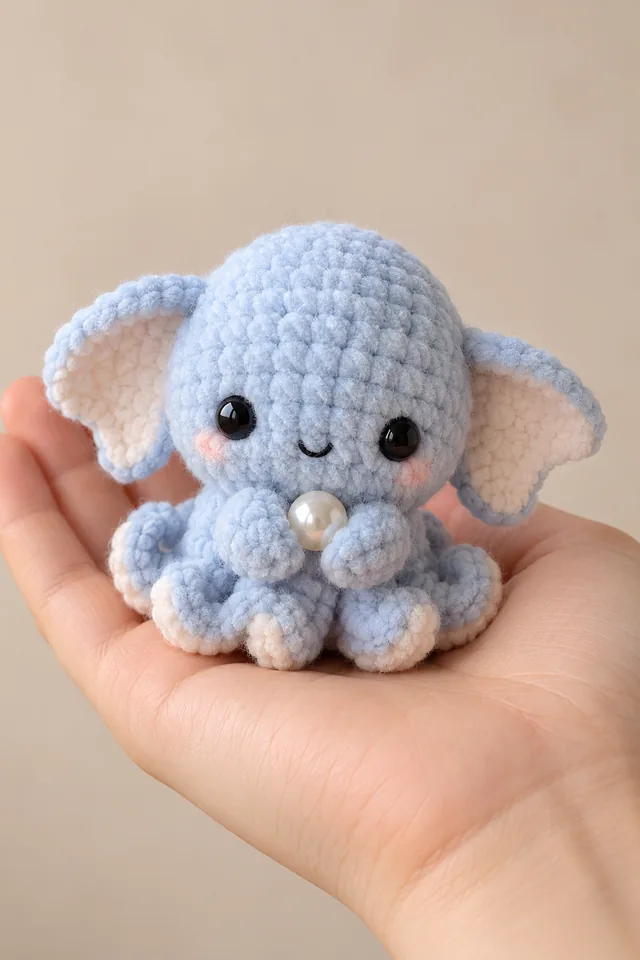 AI concept of a small blue crochet-look elephant with big floppy ears, sitting and holding a large iridescent pearl bubble at the end of its trunk.