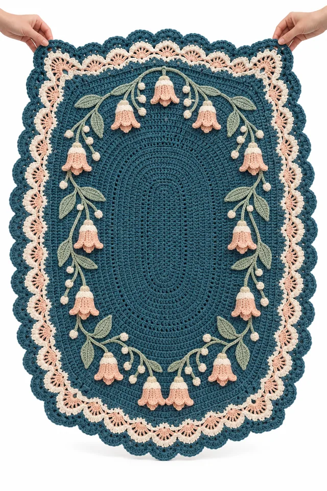 AI concept of a petrol blue oval crochet cradle blanket with bellflower lace rings.