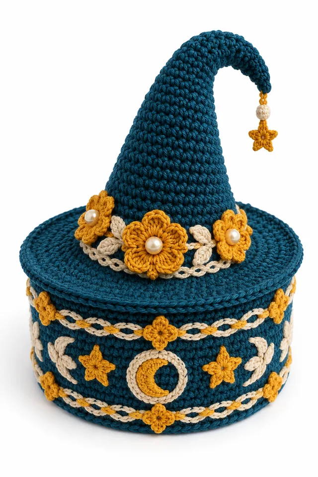 AI concept of a petrol blue crochet witch hat basket made from braided torus links.
