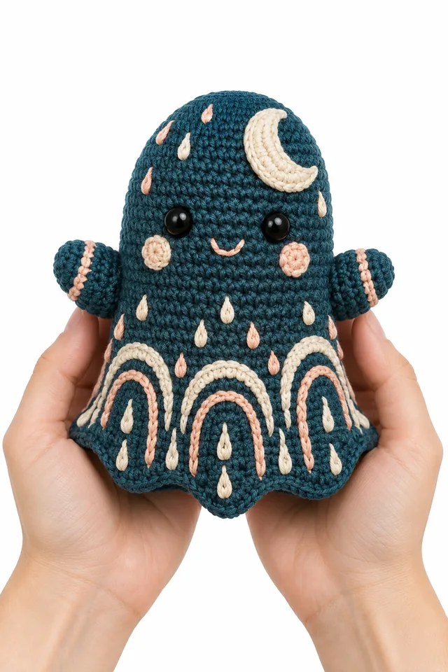 AI concept of a petrol blue friendly crochet ghost doll with a softly draped body.