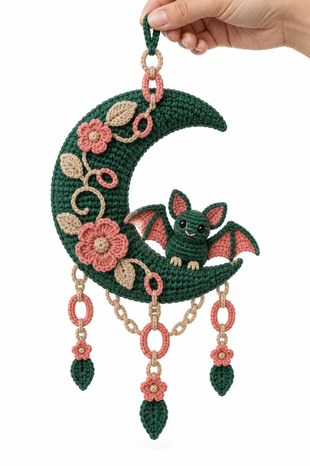 AI concept of a pine green crochet wall hanging with bat and crescent moon in braided torus links.