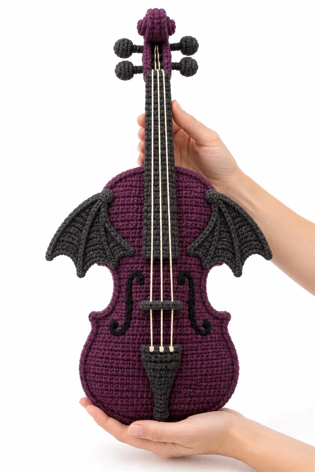 AI concept of a plum purple crochet bat violin decoration with wing-shaped bouts.