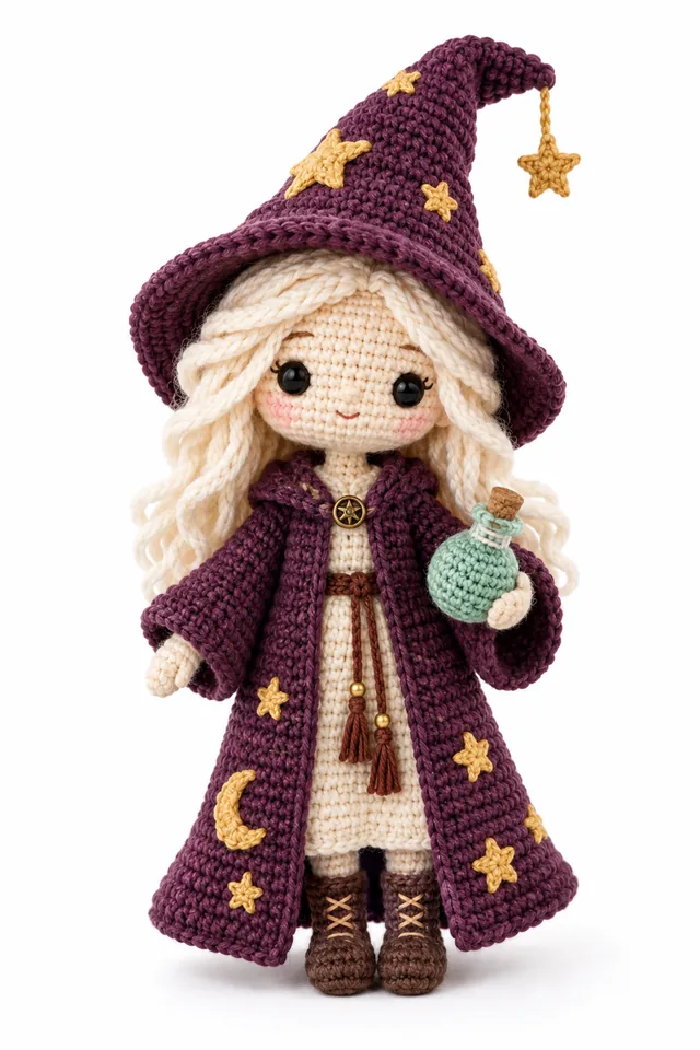 AI concept of a plum purple crochet alchemist doll with star details and a tiny potion bottle.