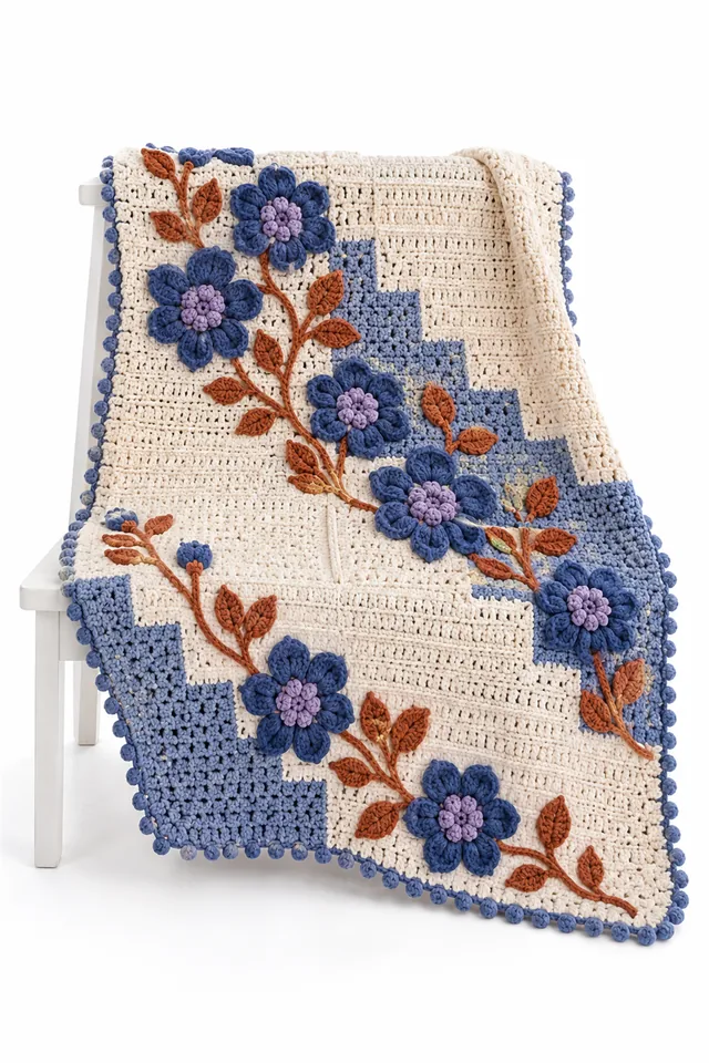 AI concept of a crochet throw with stepped panels inspired by plumbago flower clusters.