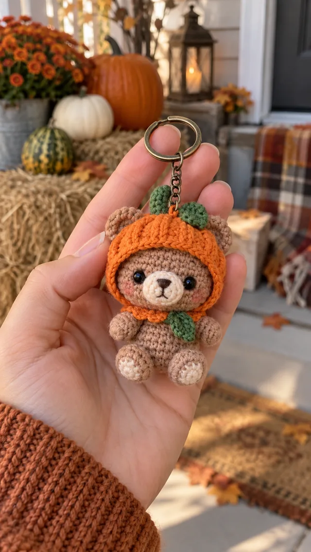 AI concept of a small crochet-look teddy bear keychain wearing an orange pumpkin hat with green leaves, held in a hand against a cozy autumn porch.