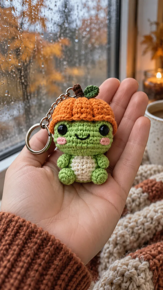 AI concept of a small green crochet-look frog keychain wearing an orange pumpkin hat, held in a hand in front of an autumn window with falling leaves.