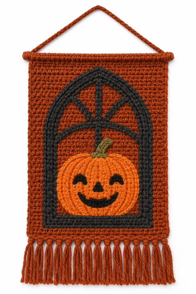 AI concept of a framed crochet wall panel with a glowing pumpkin framed like a window scene.