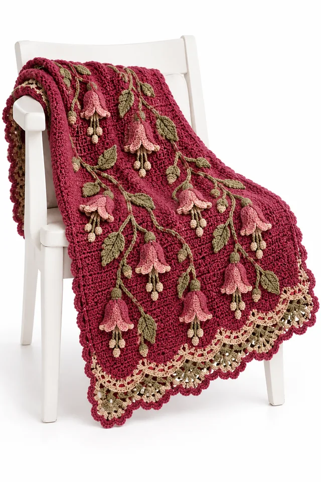 AI concept of a raspberry pink rectangular crochet lap blanket with bellflower lace stripes.