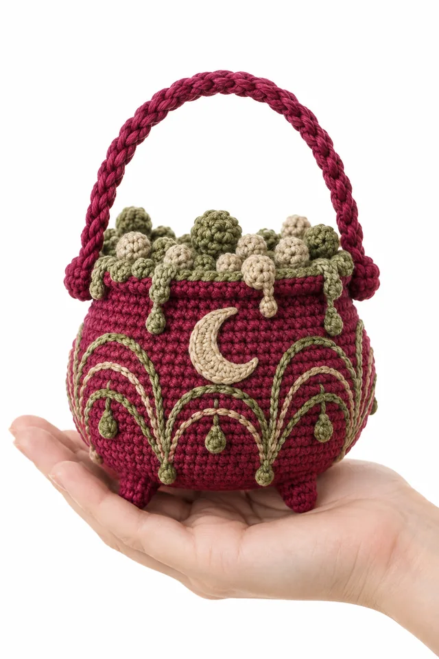 AI concept of a raspberry pink small crochet cauldron decoration with little feet and a rim.