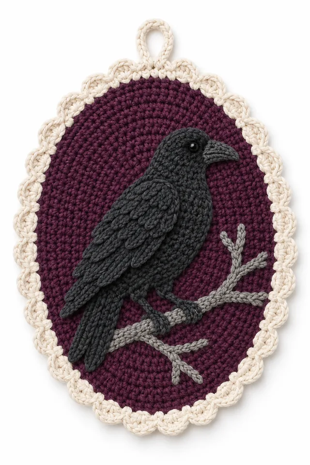 AI concept of a round crochet wall medallion with a raven perched on a bare branch applique.