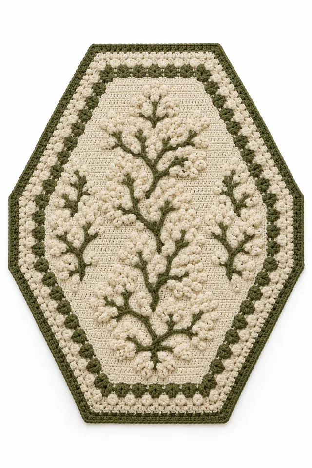 AI concept of a sage crochet rug in an elongated hexagon shape inspired by reindeer lichen.