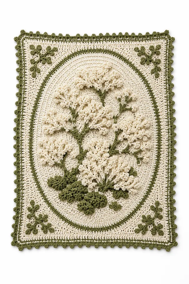 AI concept of a sage crochet throw with an oval inset medallion inspired by reindeer lichen.