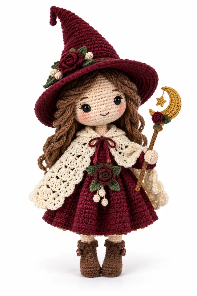 AI concept of a rose pink crochet dream witch doll with a soft pointed hat for gentle Halloween decor.