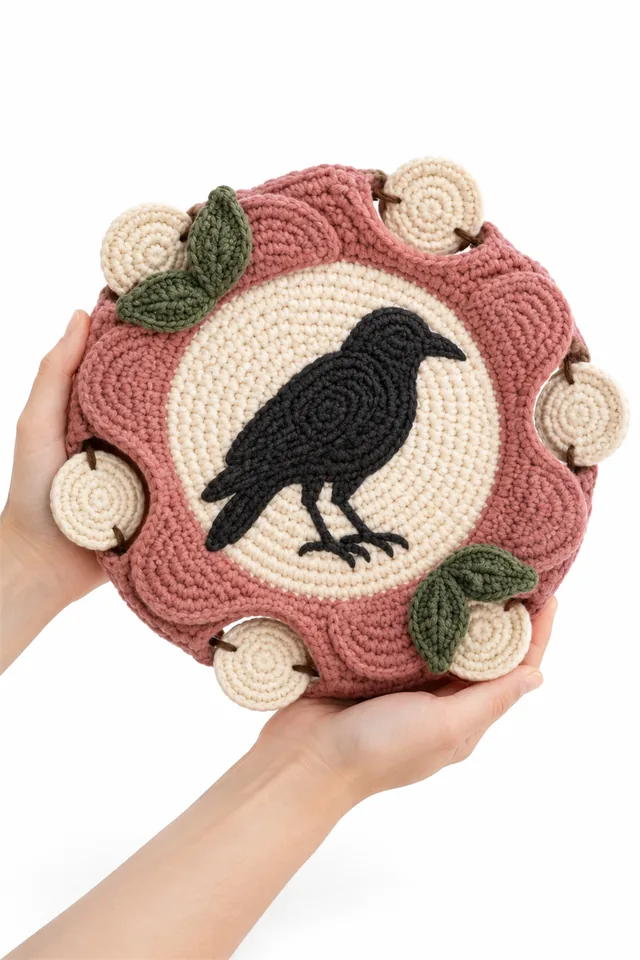 AI concept of a rose pink crochet raven tambourine decoration with a small bird head.