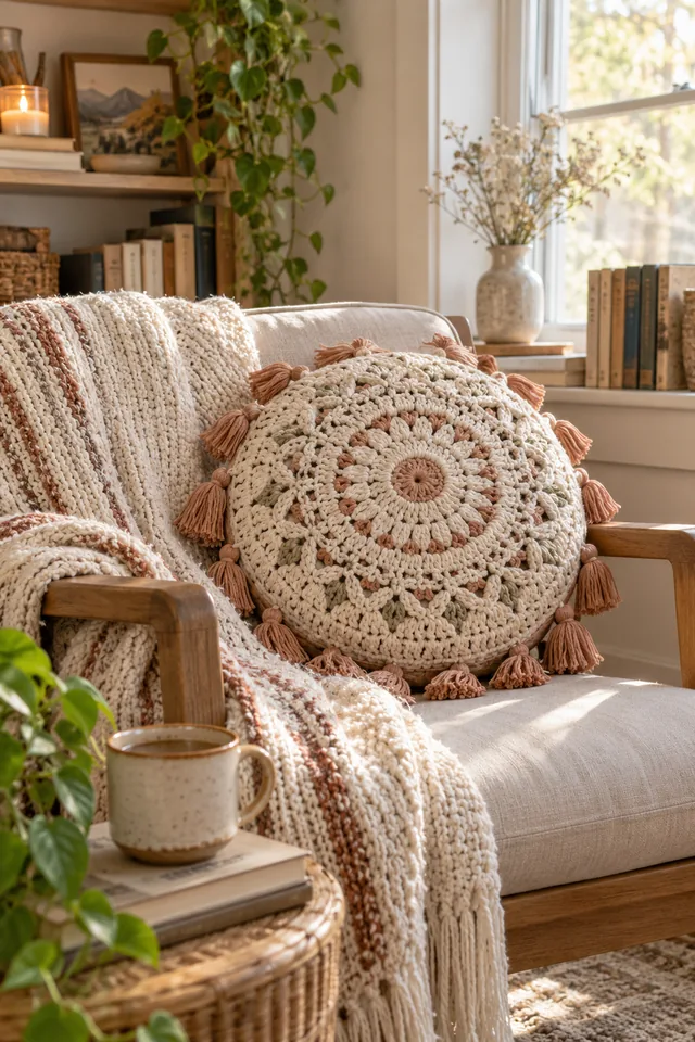 AI concept of a round crochet-look cushion in cream with a concentric mandala pattern and blush tassels around the edge, on a rattan chair.