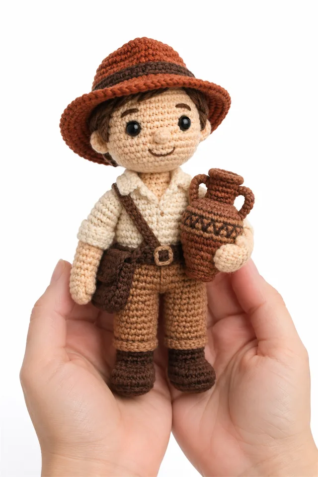 AI concept of a rust orange crochet archaeologist doll with field hat, brush and tiny fossil.