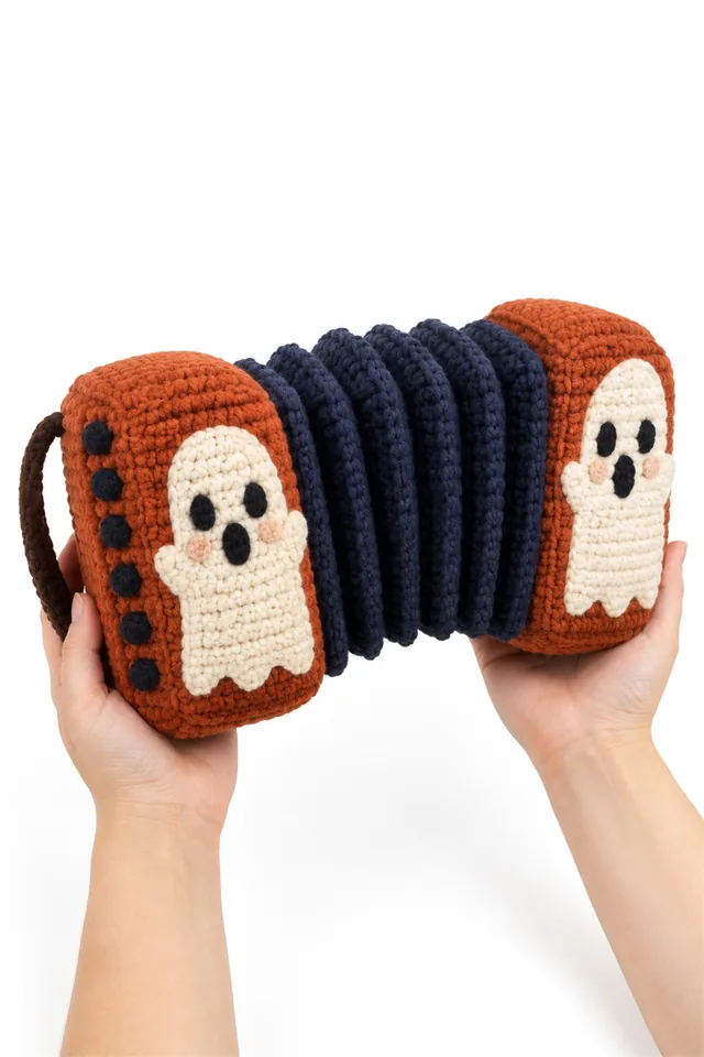 AI concept of a rust orange crochet ghost accordion decoration with pleated bellows.