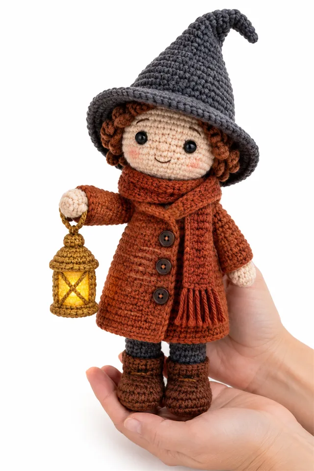 AI concept of a rust orange crochet lantern keeper doll holding a tiny glowing lantern for Halloween.
