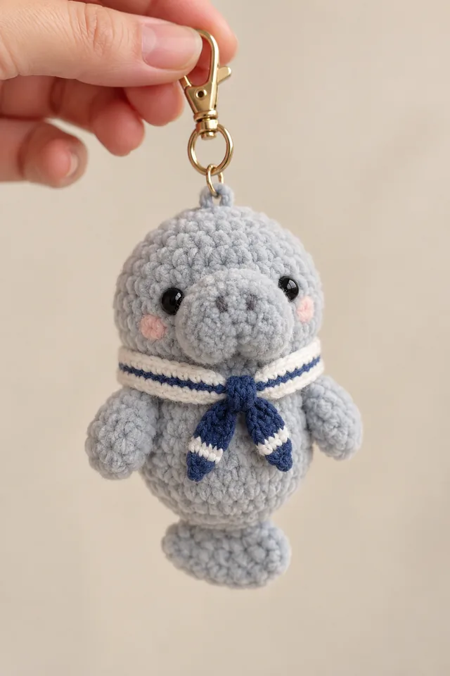 AI concept of a small grey crochet-look seal keychain wearing a navy-and-white striped scarf tied at the front, on a golden clasp.