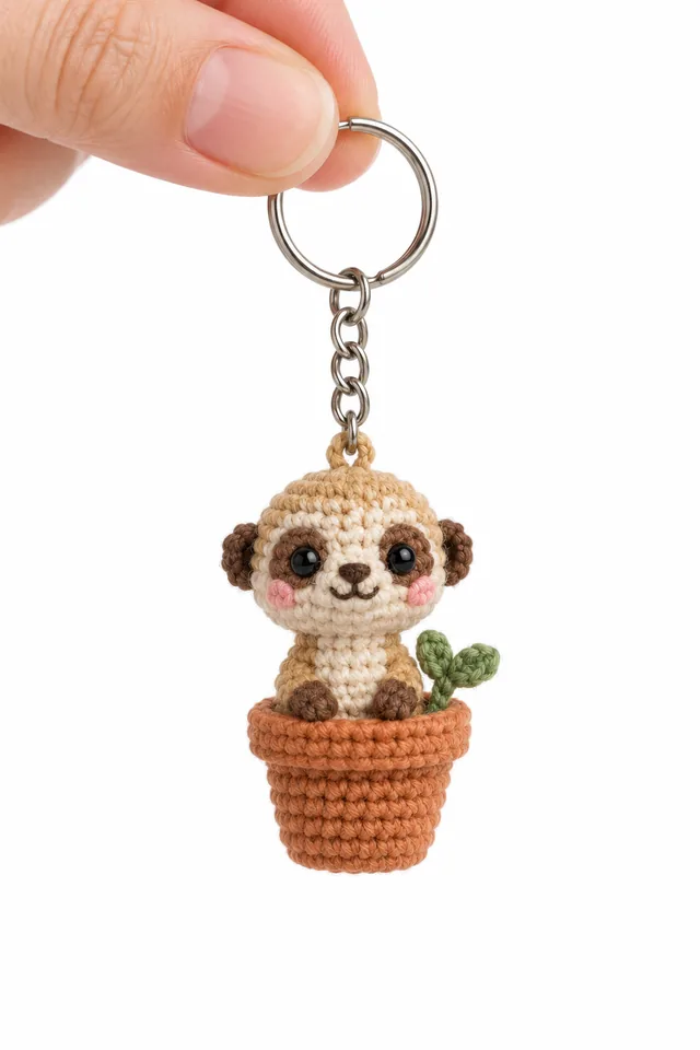 AI concept of a small crochet-look sloth keychain with a cream face and brown eye patches, sitting in a terracotta plant pot with a tiny green cactus.