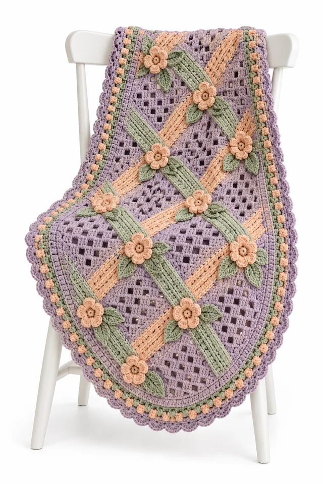 AI concept of a smoky lilac oval crochet cradle blanket with angular basket ribbons.