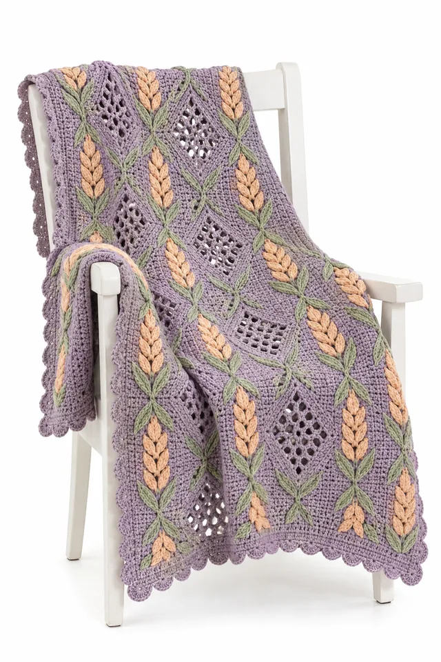 AI concept of a smoky lilac crochet lap blanket with braided wheat diamonds.
