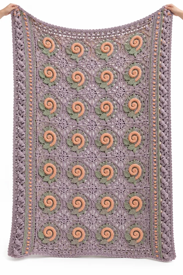AI concept of a smoky lilac long crochet sofa throw with citrus peel spiral texture.