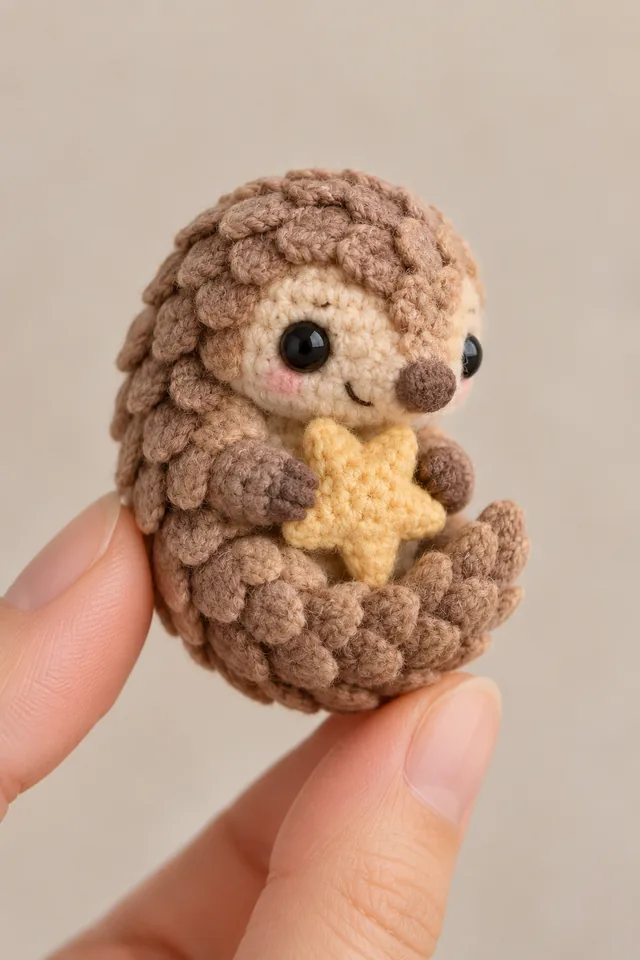 AI concept of a small brown crochet-look pangolin with overlapping scale plates, curled around a soft yellow star and holding it with its front claws.