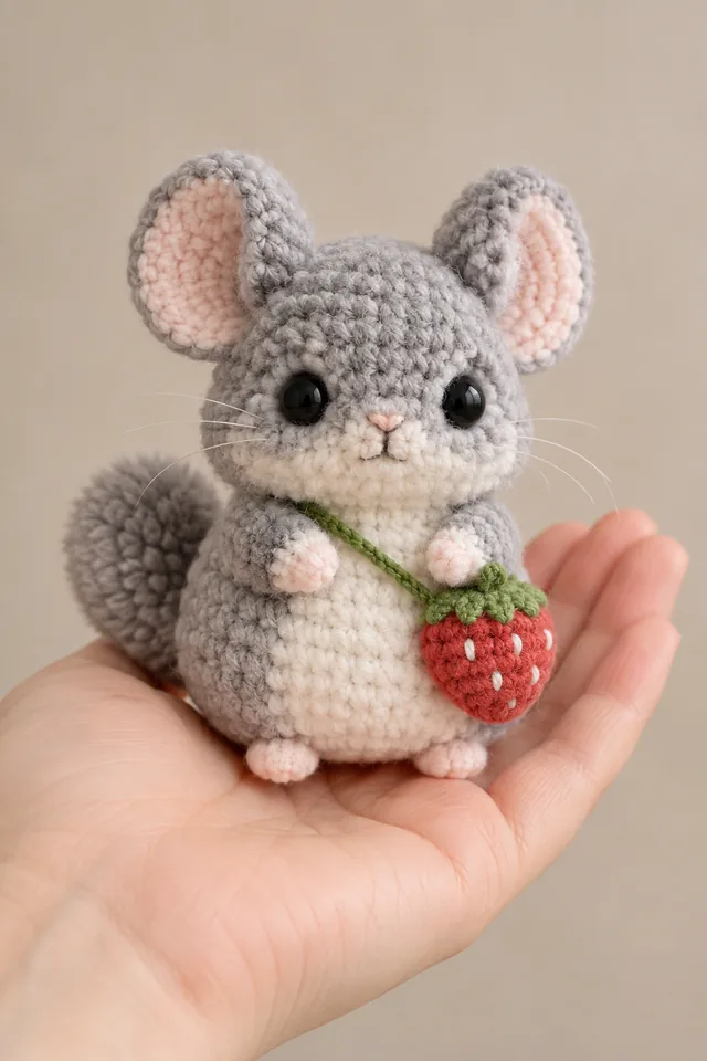 AI concept of a small grey crochet-look mouse with big pink-lined ears, holding a red strawberry with green cap in its front paws.