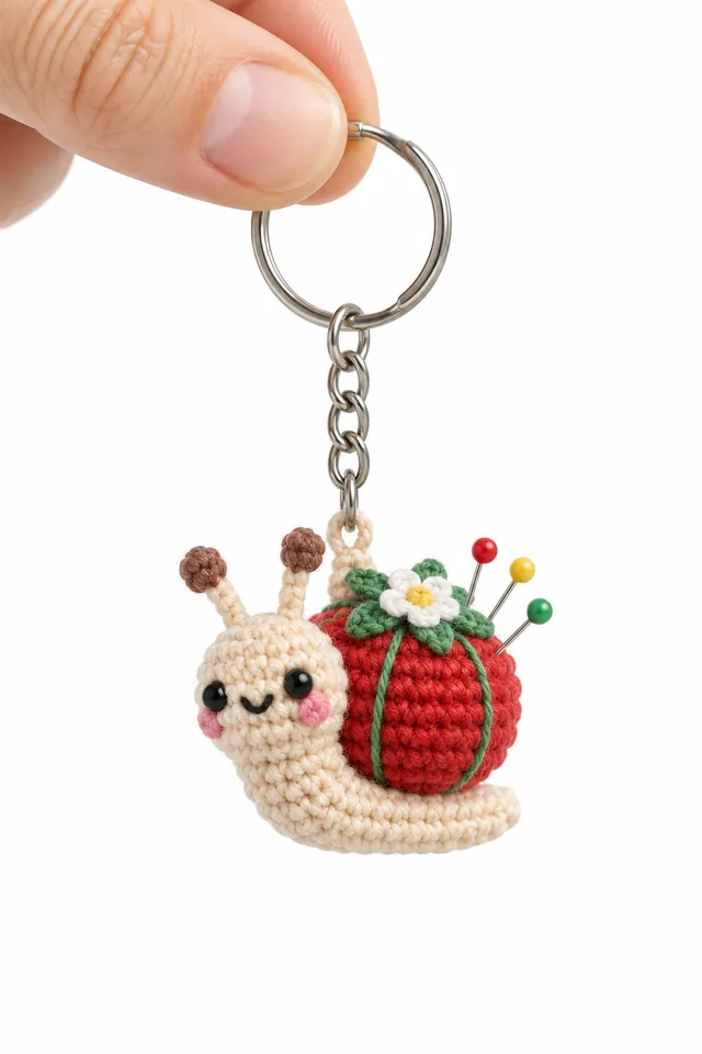 AI concept of a small crochet-look snail keychain whose red strawberry shell is used as a pincushion with several colorful pins stuck into it.