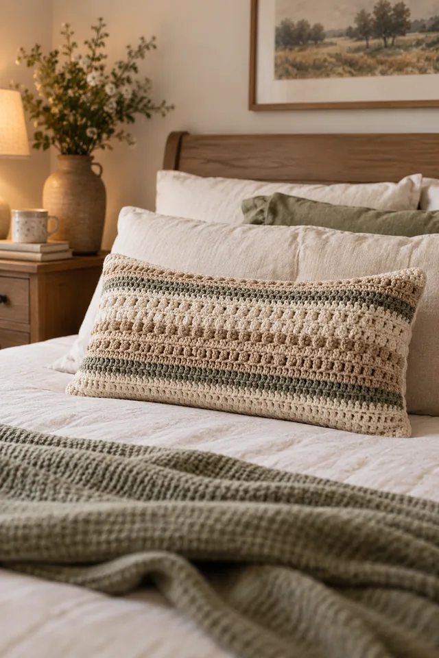 AI concept of a long rectangular crochet-look lumbar pillow with horizontal stripes in cream, sage green and beige, lying across a bed.