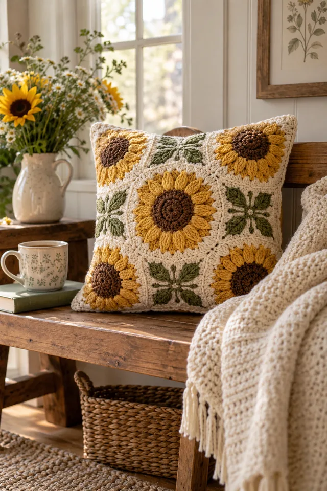 AI concept of a cream crochet-look pillow with large yellow sunflower appliqués with brown centers and green leaves stitched on the front.