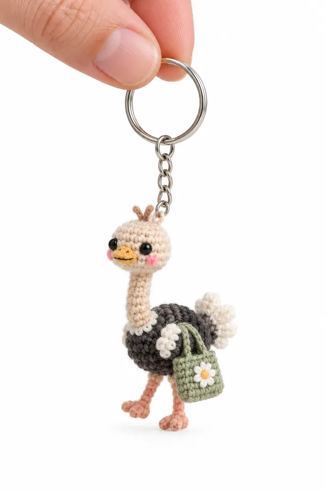 AI concept of a small crochet-look goose keychain with a long neck, wearing a floral neck scarf and holding a tiny green tote bag with white daisies.