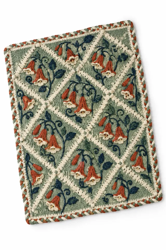 AI concept of a crochet throw with scattered diamond patches inspired by trumpet vine curls.