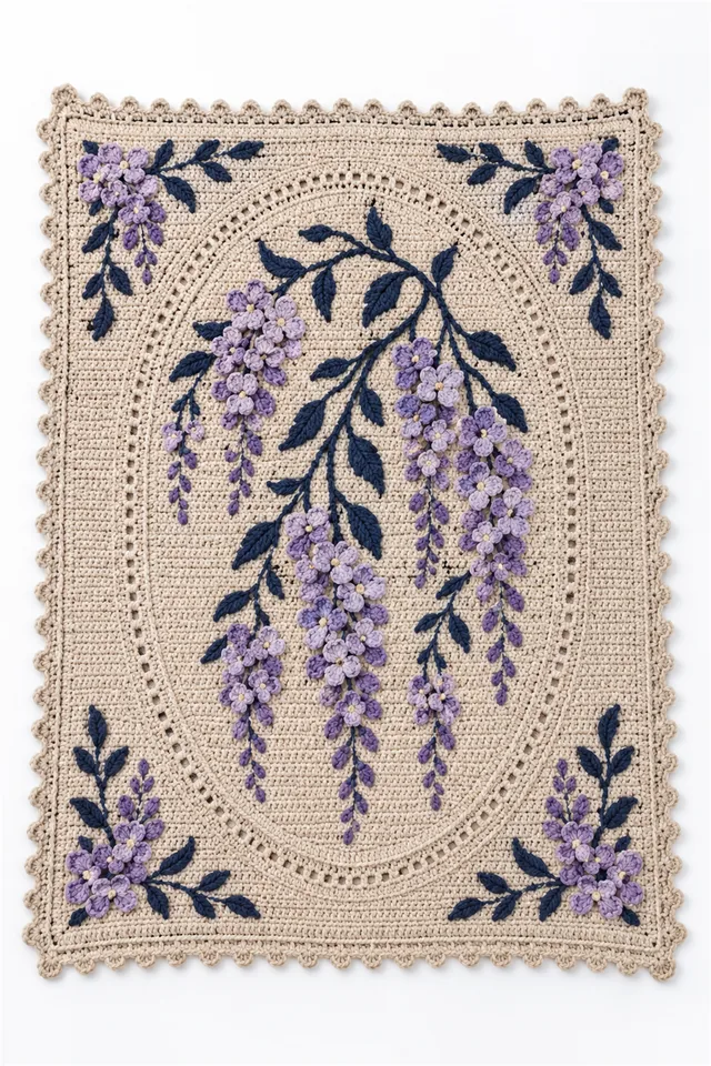 AI concept of a crochet throw with a central oval inset inspired by cascading wisteria.