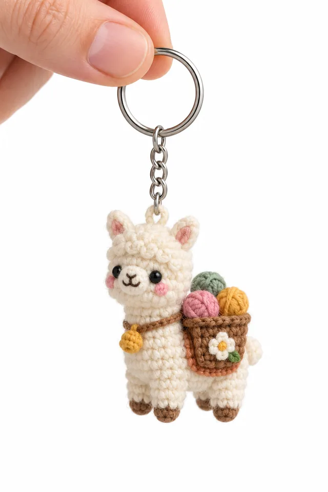 AI concept of a small white crochet-look llama keychain with a brown saddle basket holding colorful yarn balls and a small daisy.