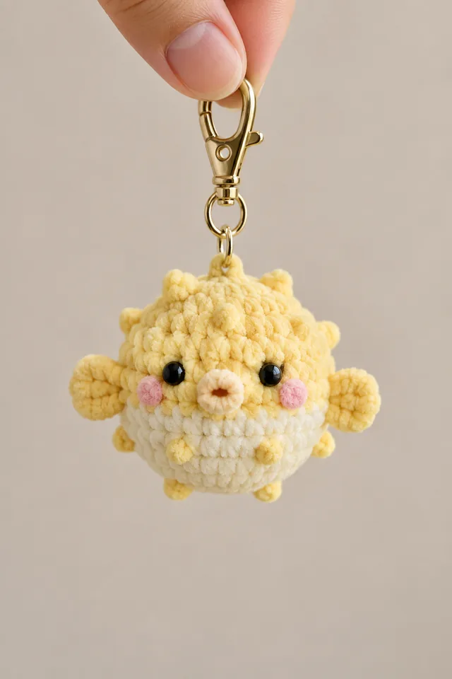 AI concept of a small round yellow crochet-look puffer fish keychain with tiny fins, rosy cheeks and a small smiling mouth on a golden clasp.